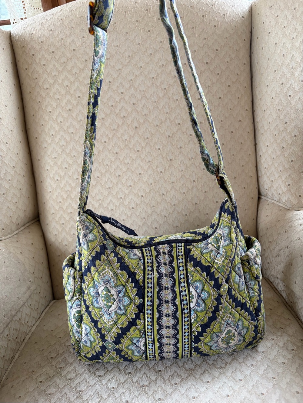 retired Vera Bradley "On The Go" crossbody bag in the green and navy Cambridge